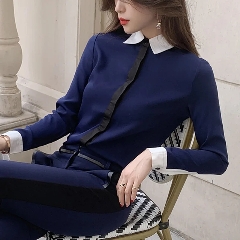 OL модная женская рубашка шифоновая темно-синяя блузка с белым рукавом женские