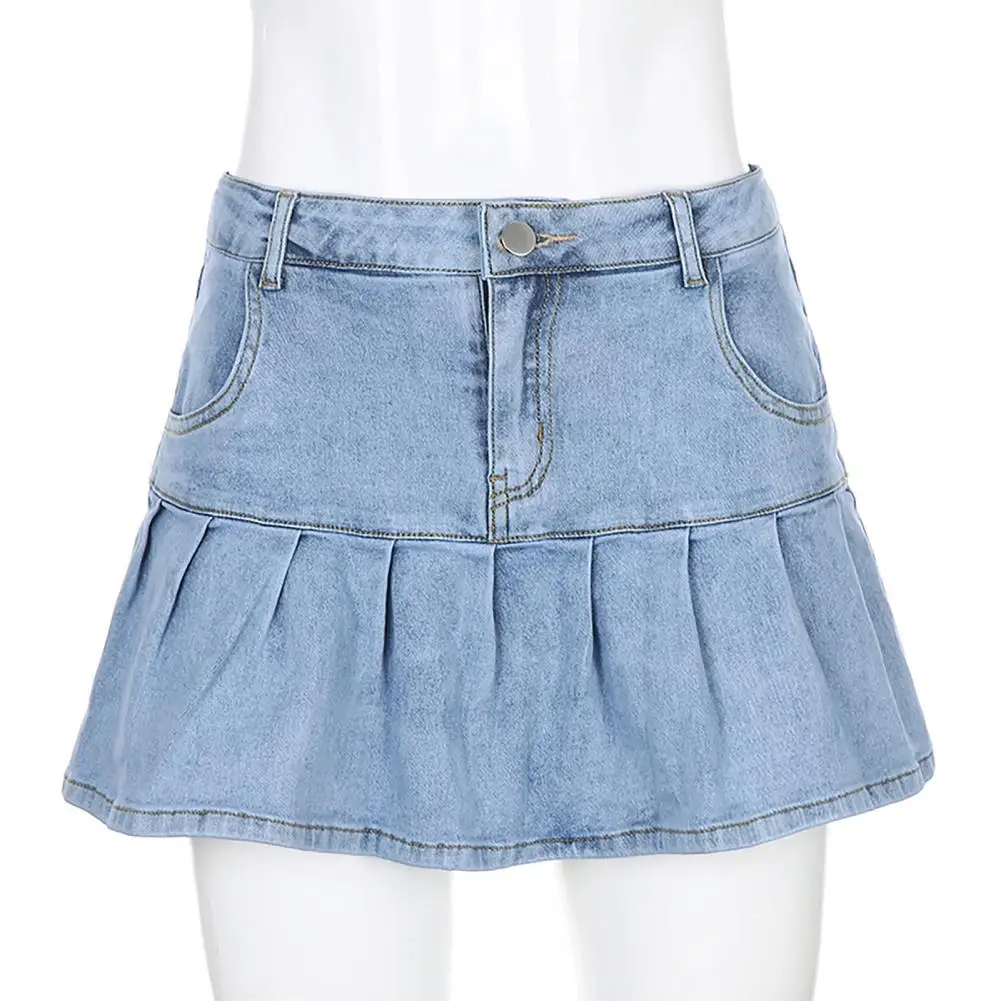 

Mini Skirt High Waist Pleated Denim Women Solid Color Stretchy A Line Skirt for Party
