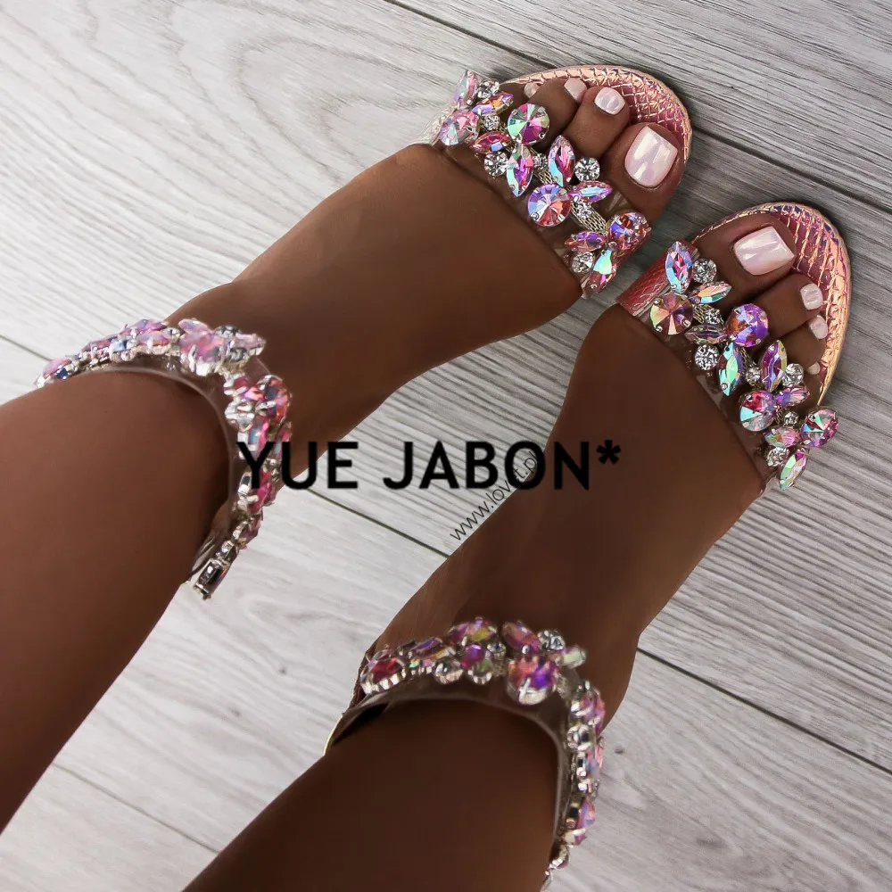 

YUE JABON Fashion 2020 Summer Rhinestone PVC Sandals Women Shoes Peep Toe Stilettos Square High Heels Sandals Summer Party PUMP