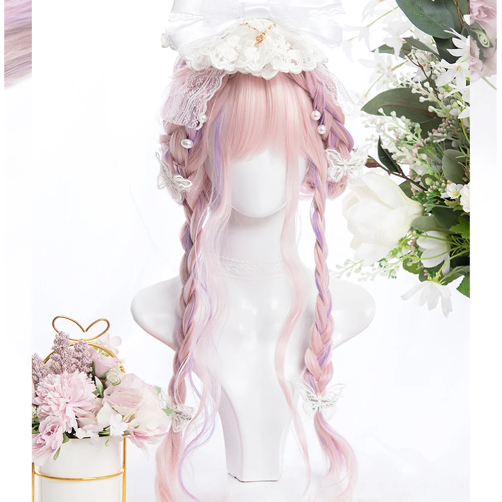 

CosplayMix 55CM Lolita Fluffy Long curly Hair Pink Purple Ombre Bangs Cute Synthetic Heat Resistant Cosplay Party Wig+Cap