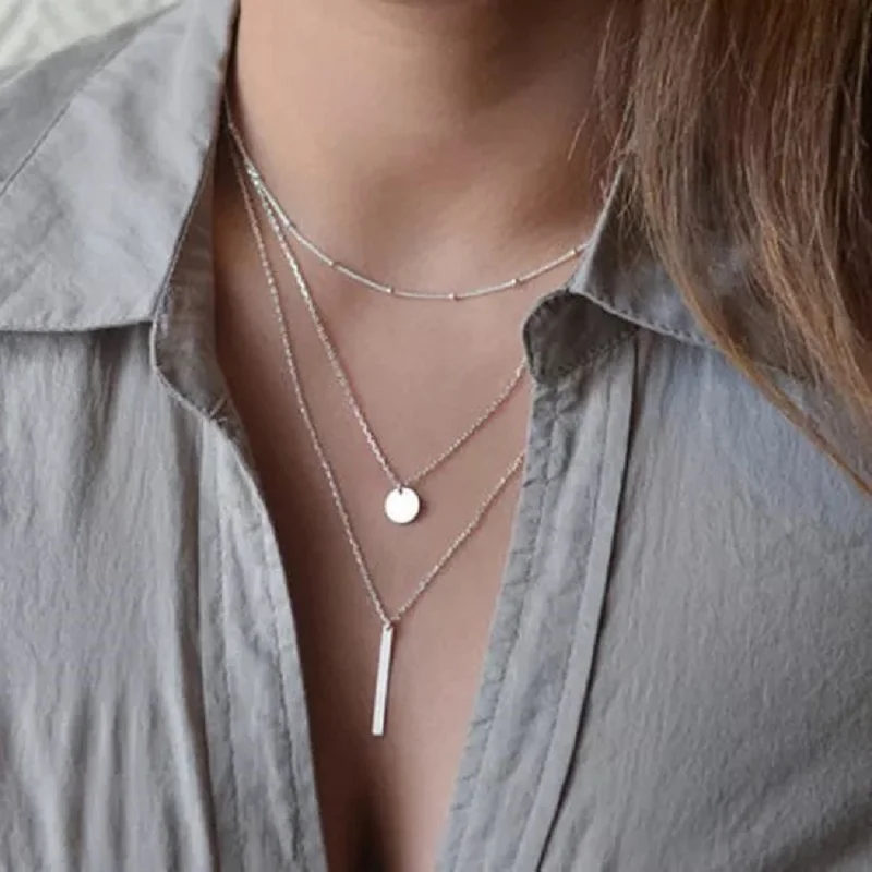 

New contracted copper bead chain metal strip sequins fashionable joker multilayer necklace female short necklace