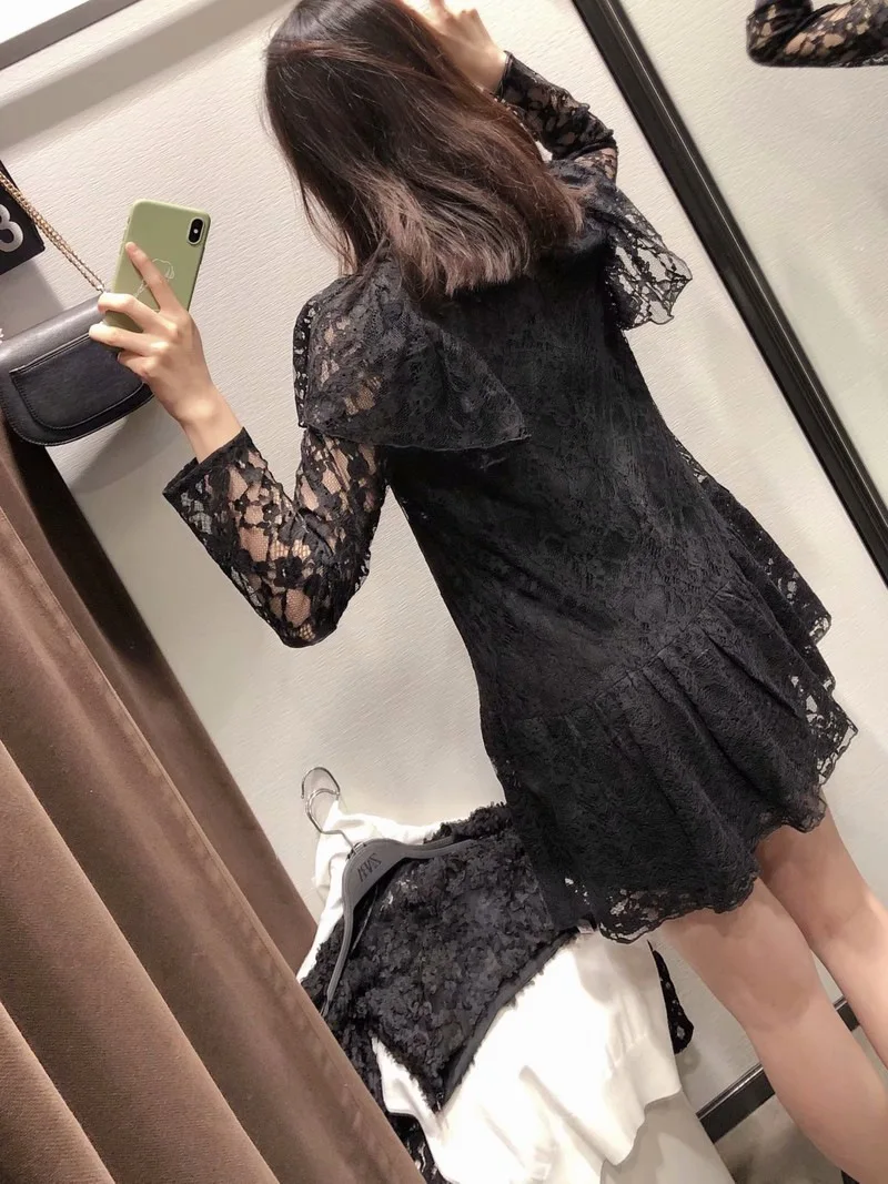 

Overlay Ruffle Hem Dress Women Casual Round Neck Long Sleeve Above Knee, Mini Lace sexy dresses party night club dress 2020