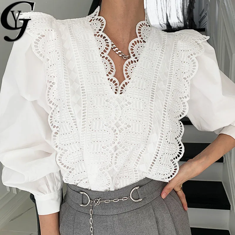 

Женская ажурная рубашка, Повседневная белая блуза с V-образным вырезом и рукавом до локтя, элегантная однотонная офисная блуза, 2021
