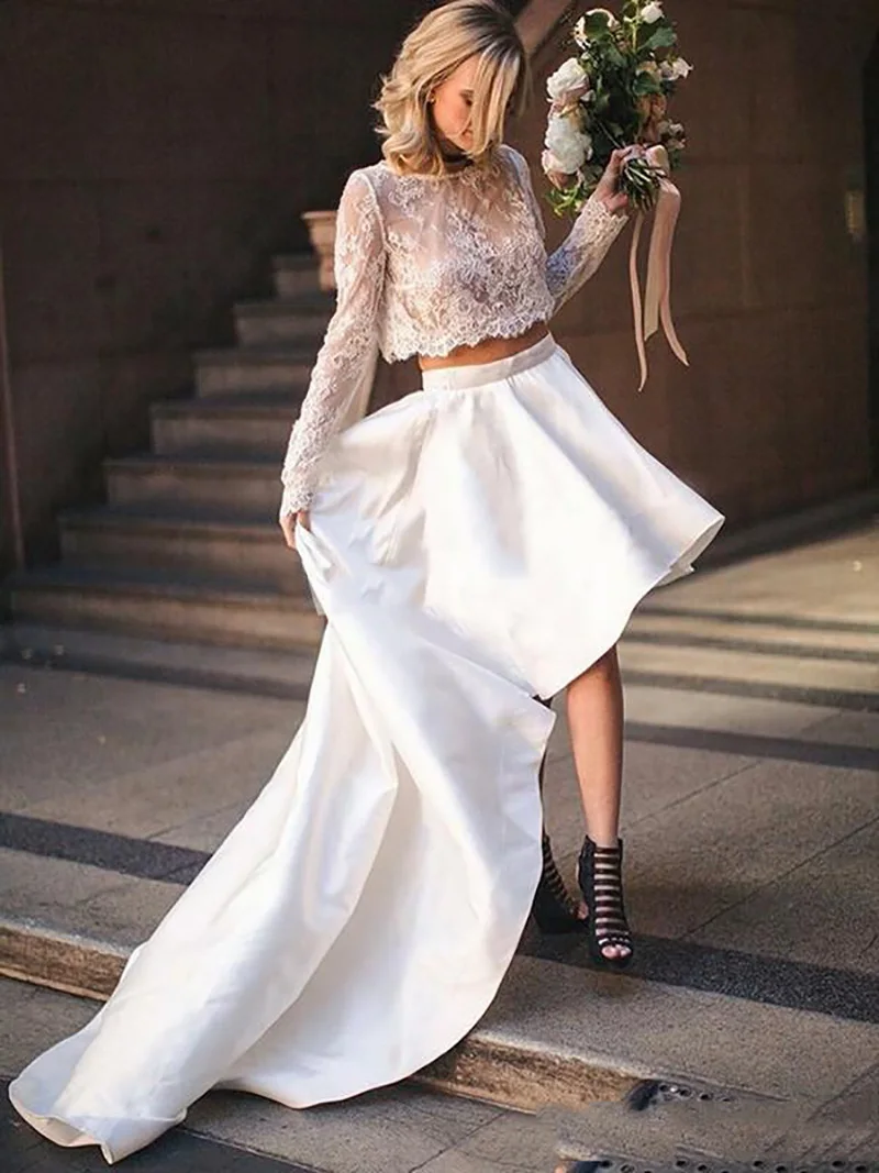 

SoDigne A Line Wedding Dress 2019 2 Pieces Beach Bridal Gown Plus Size Long Sleeves Boho Romantic Wedding Gowns