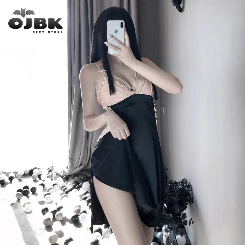 

4 colors Flower Lace Perspective Temptation Sling Nightgown Sexy Onepiece Dress Thong For Women V-Neck Lace Lingerie Female 0659