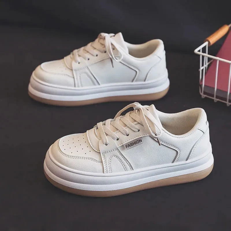 

PU Leather Breathable Comfort Women Sneakers Round Head Lace-Up Casual Couple Shoes Fashion New Waterproof Heighten Shoes