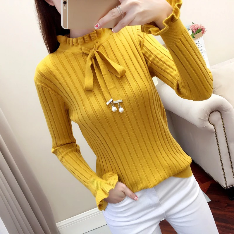 Winter Casual Sweater Women Slim Knitted Female Flare Long Sleeve Turtleneck Pullover Lace Up Sweaters | Женская одежда