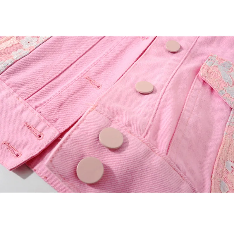 Модный розовый белый жилет женский джинсовый с кружевными вставками Съемная