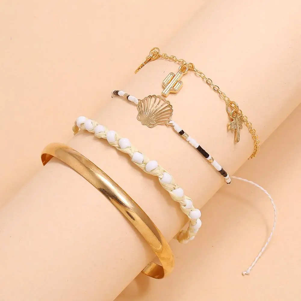 Набор браслетов Wgoud Boho с бусинами для женщин, модные многослойные цепи с камнями, регулируемые браслеты с круглой ракушкой, ювелирные изделия.