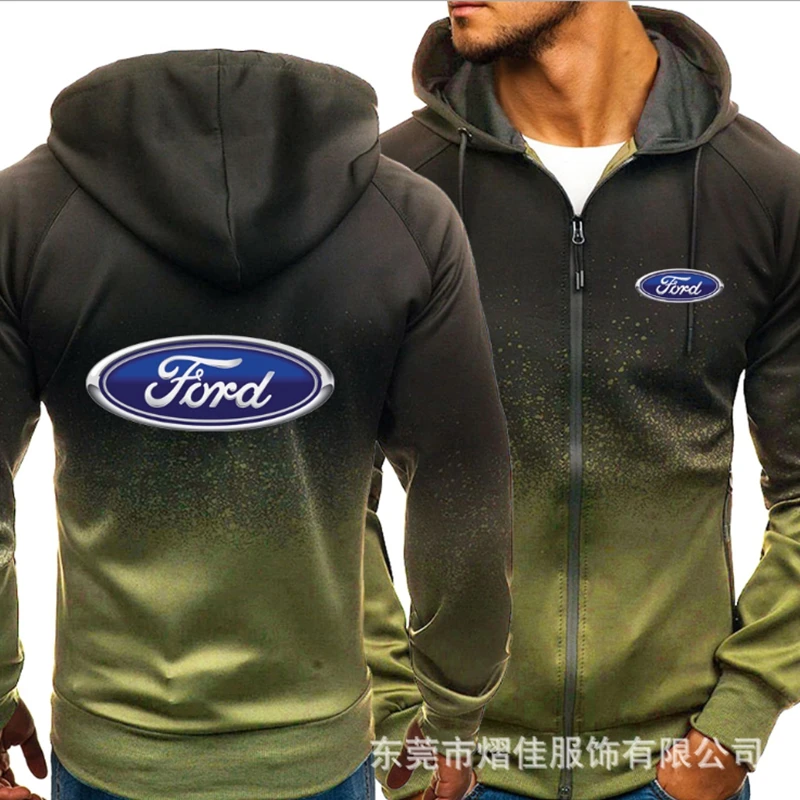 

Jacket men's FORD logo print casual hip hop Harajuku gradient Hooded Fleece Sweatshirt zipper Hoodie men's wear