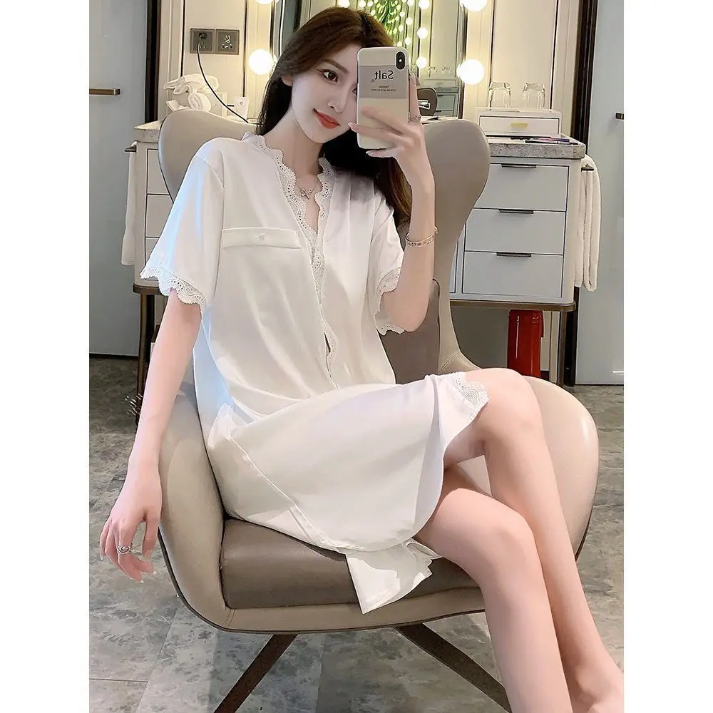 

Sleepdress Women Summer Nightwear Short Sleeve Sleep Shirt V-Neck Intimate Lingerie Comfy Nightshirt Sexy Satin Sleepwear