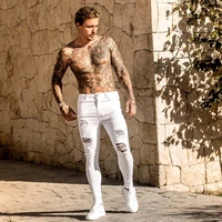 man elastic waist jogging denim trousers fashion casual white ripped jeans for men jeans pants slim skinny stretch denim pants
