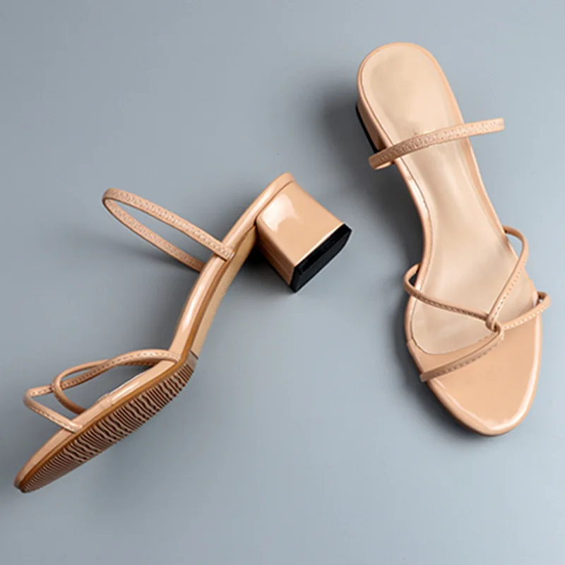 

2021 new sandals women's summer wear two middle Heels Sandals women's open toe thin belt high heels thin heel nude color