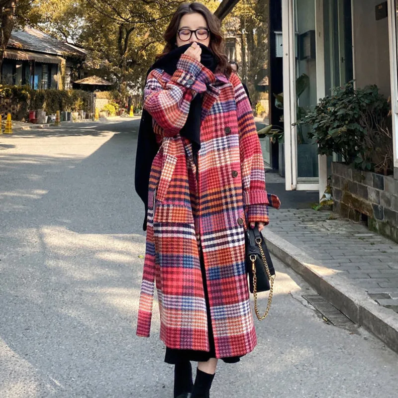 

Casual Female Woolen Jacket Plaid Women Blends Coat 2020 New Autumn Winter Red Coat Medium Long Think Warm Overcoat QB883