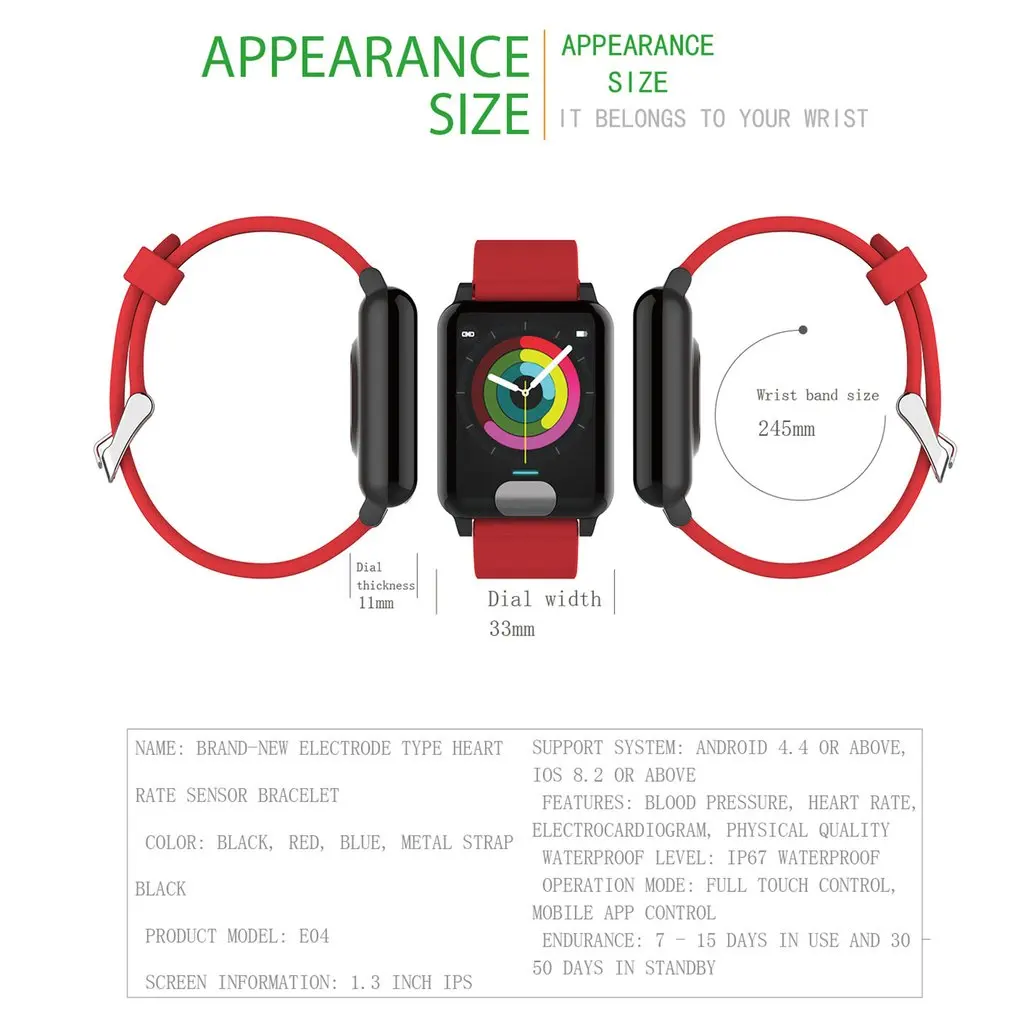 

1.3 Color Screen Smart Bracelet E04 Ecg Bracelet Heart Rate Blood Pressure Water Sports Step
