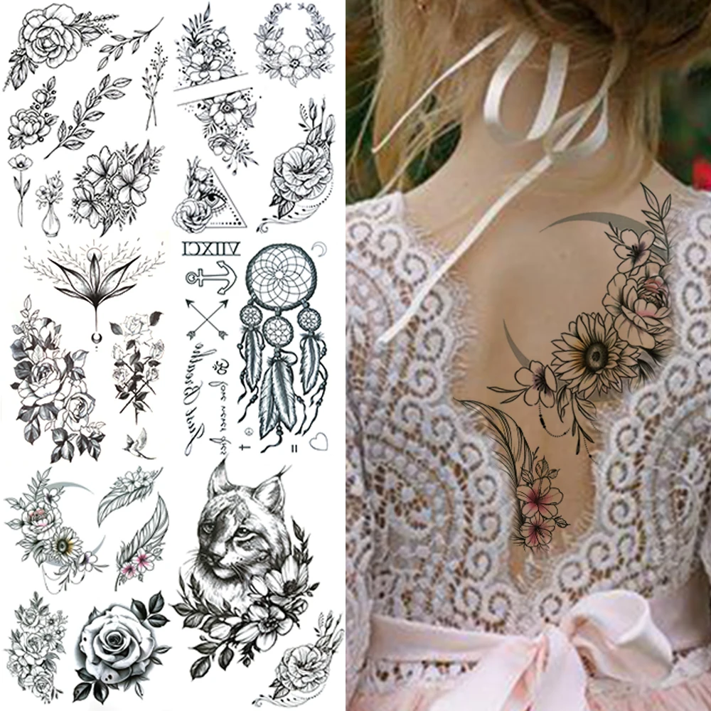 

Watercolor Moon Flower Temporary Tattoos For Women Kids Realistic Marigold Feather Rose Cat Fake Tattoo Sticker Body Art Tatoos
