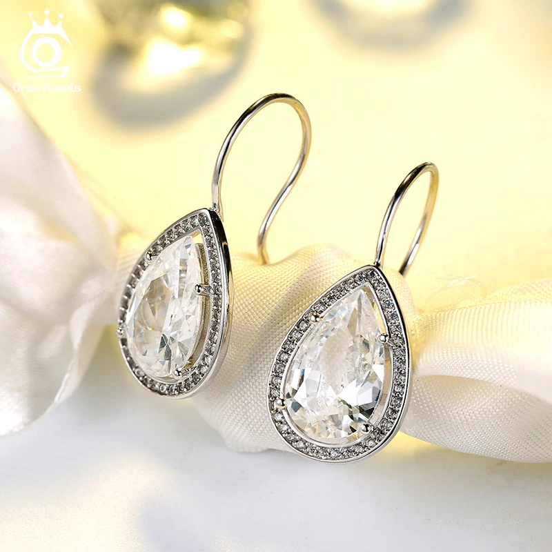 ORSA JEWELS, модные элегантные серьги, черные, прозрачные, большие капли воды, кубический циркон, стильные серьги-гвоздики, ювелирное изделие, подарок для женщин, OE164