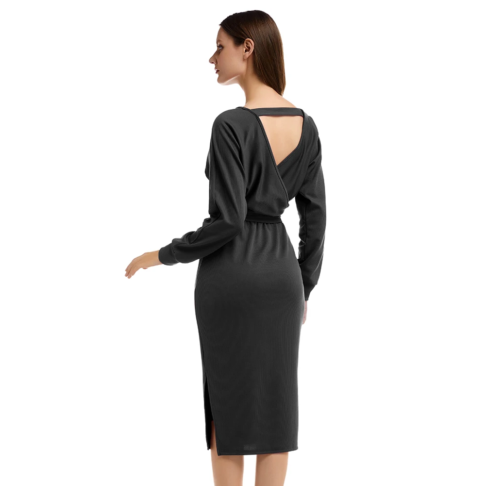 Bikitique однотонное с глубоким v-образным вырезом длинным рукавом Трикотажное