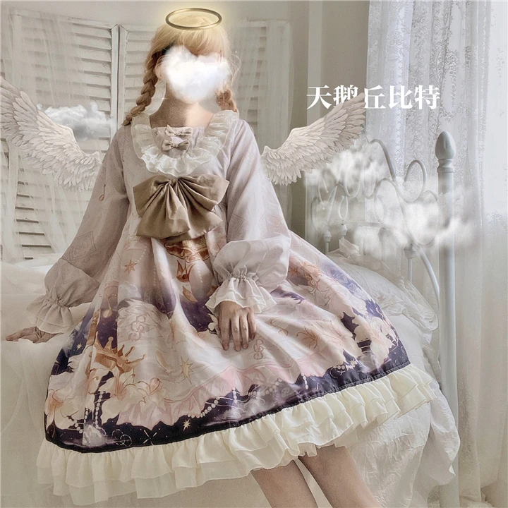 

Palace princess sweet lolita dress lace bowknot high waist cute printing lantern sleeve kawaii dress loli cos gothiic lolita op