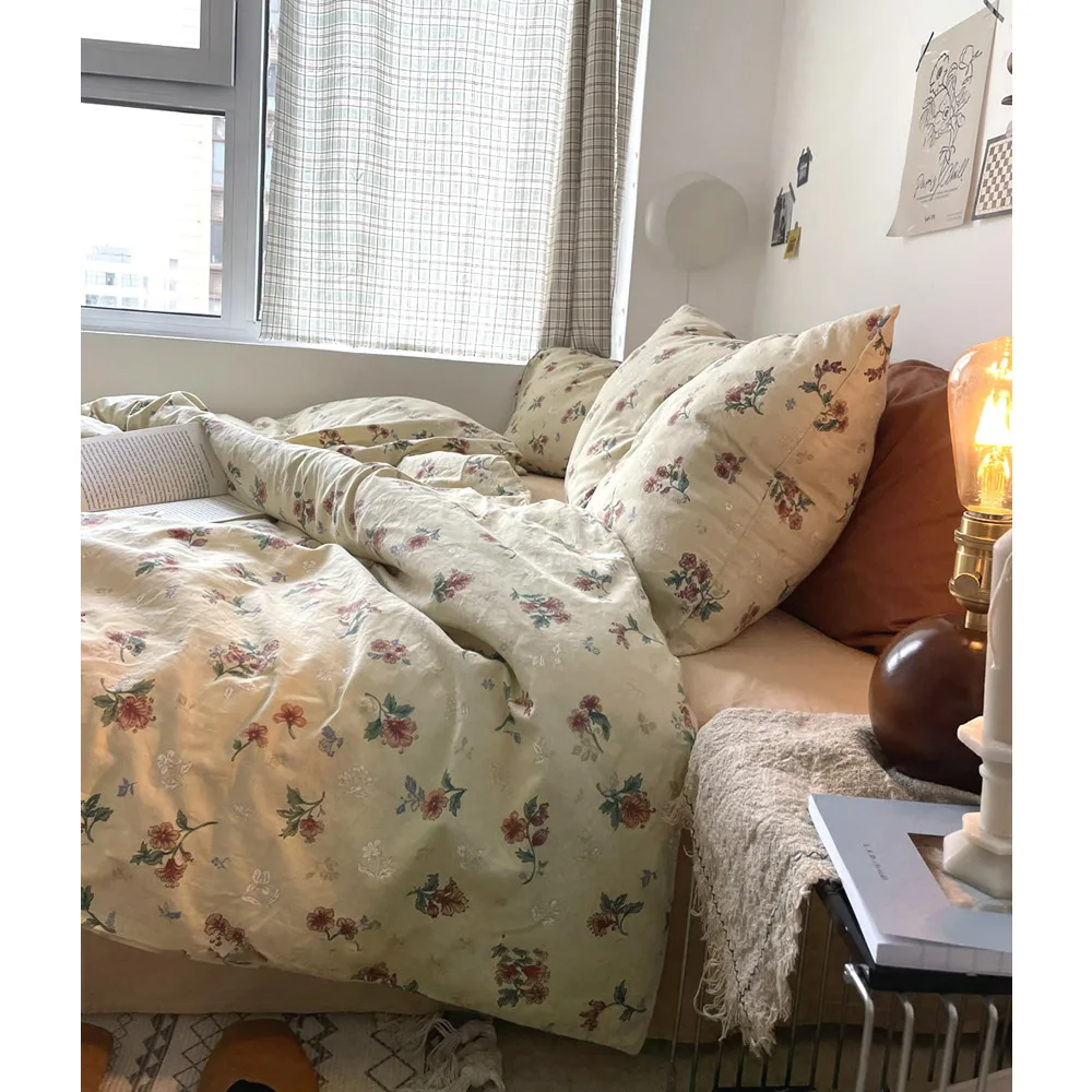 

American Pastoral Vintage Plant Flower Print Cotton King Size Bedding Set Bed Comforters Fitted Sheet Four-piece Home Bedroom