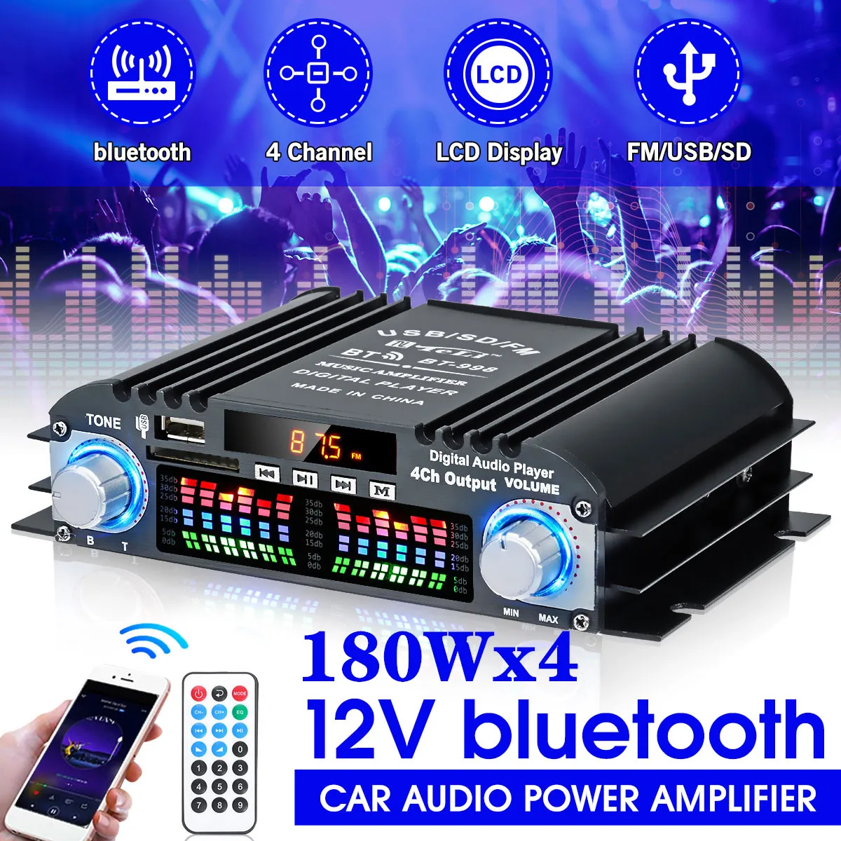 Мини bluetooth Hi-Fi усилители мощности BT-998 12 В/220 В автомобильный аудиоусилитель