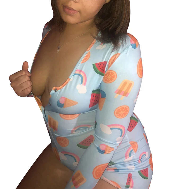 

Cartoon Printed Women Bodycon Jumpsuit Rompers Sexy Sleep Wear Long Sleeve V Neck Exotic Bustier Pajamas