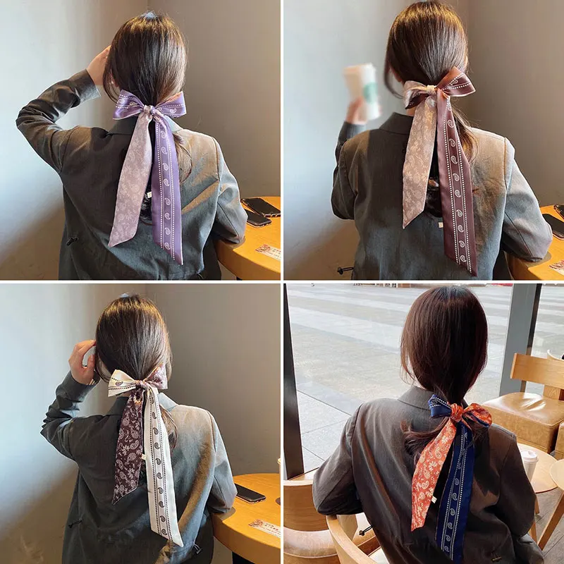 

Vintage Cashew Flower Print Long Ribbons French Style Small Silk Scarf Women Ponytail Scarf Hair Tie Headband Hair Accessories