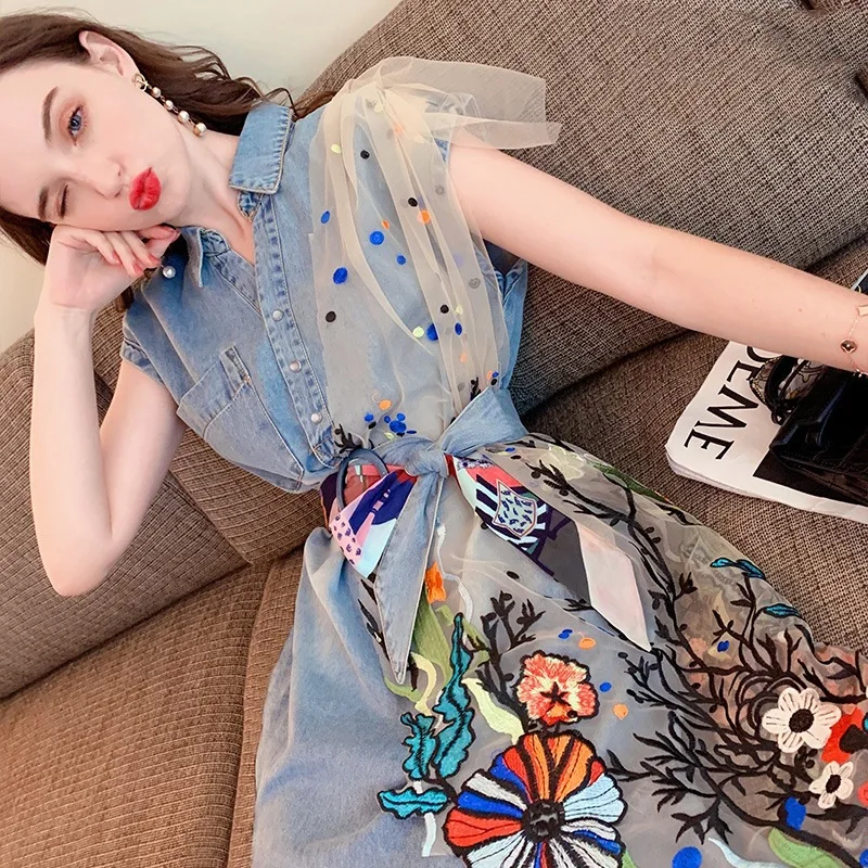 

Платье женское джинсовое в стиле богини, тонкое притягательное Сетчатое платье из денима во французском стиле, восстанавливающее древние с...