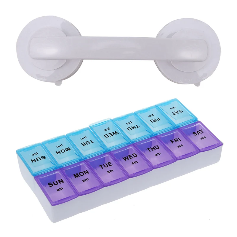 

Коробка для хранения таблеток и планшетов Seven Day AM & PM с 14 отсеками и вакуумной присоской, безопасная ручка для захвата