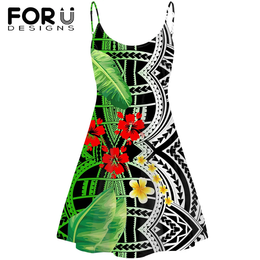 

FORUDESIGNS Vintage Strap Dress for Women's Polynesian Tribe And Hibiscus Plumeria Pattern Summer Sleeveless Beach Dresses Femme