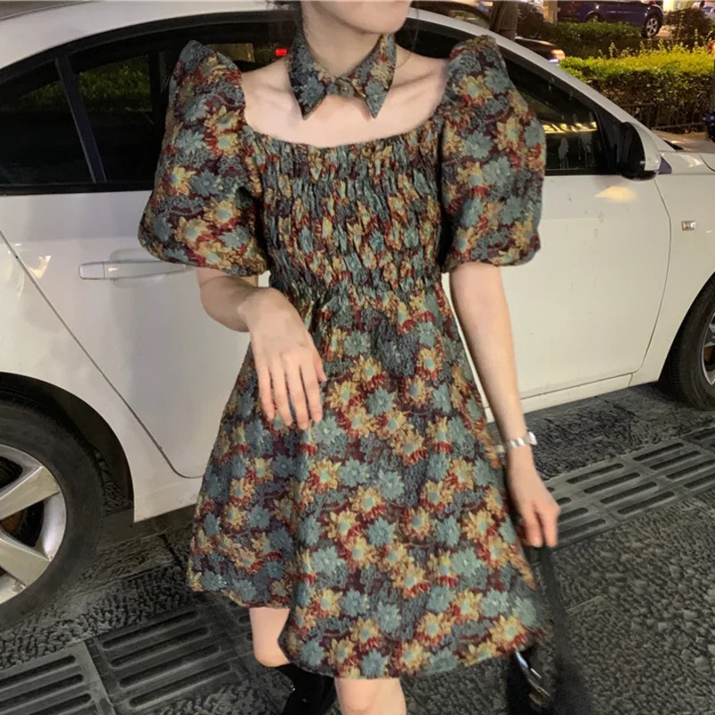 

New Short Puff Sleeve Above Knee Dresses Square Collor Waist Female Fashion Women's Summer 2021 Vintage Floral Cottagecore Dress