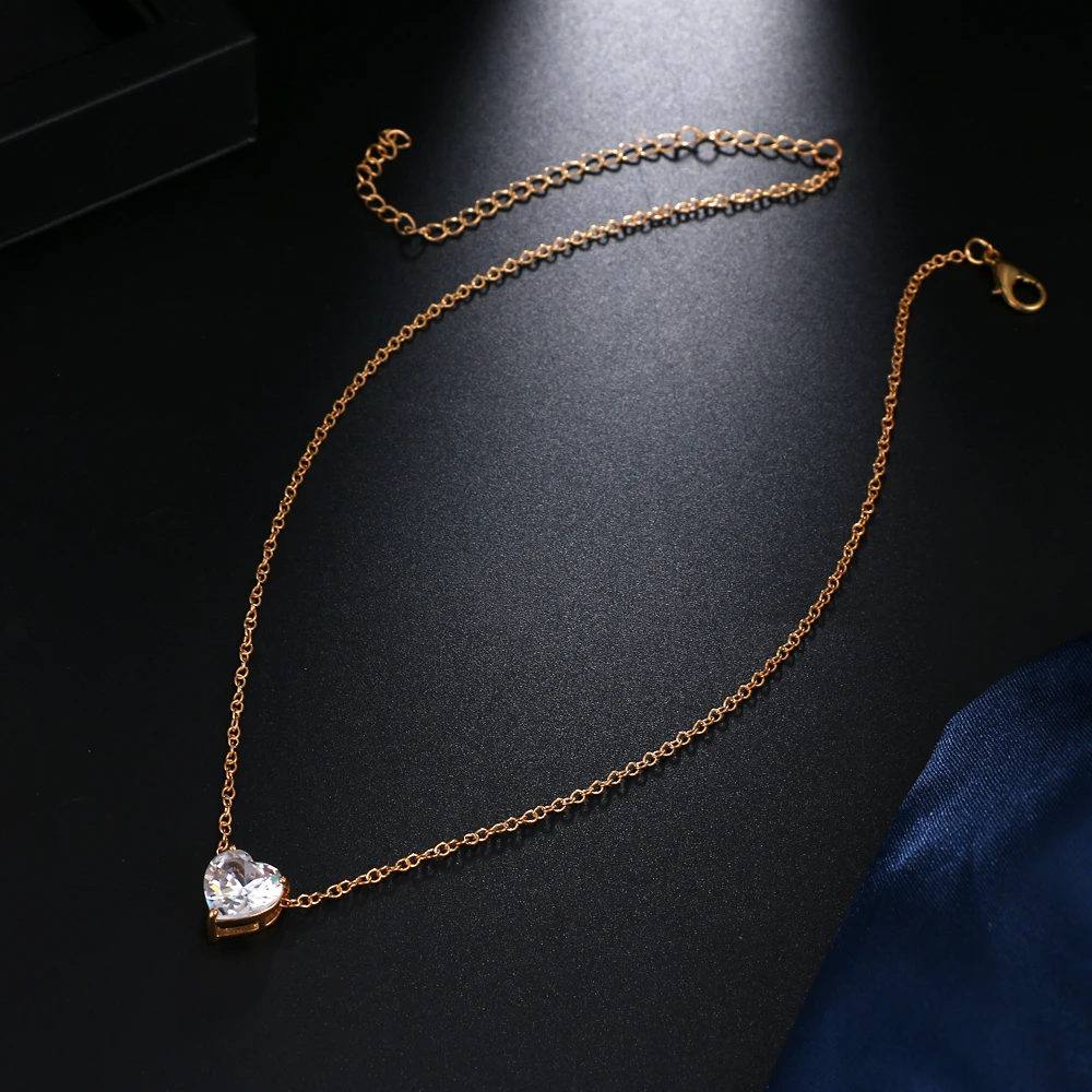 Women Necklace 2020 Heart Crystal Pendant Gold Metal Clavicle Chain Choker Jewelry Collares Couple Pendants | Украшения и
