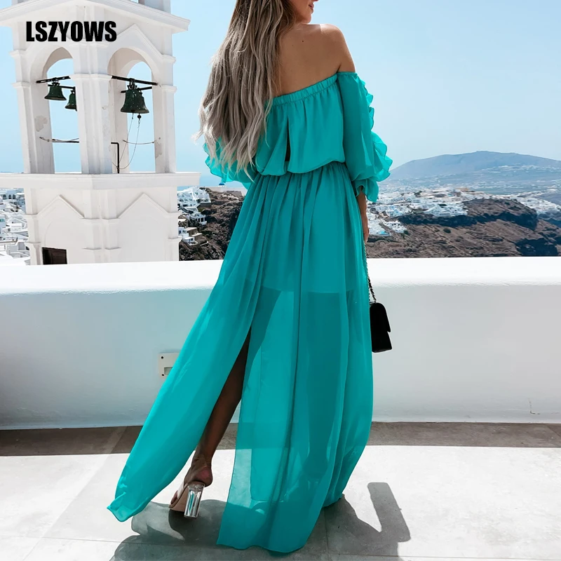 

Summer Sexy High Split Maxi Dress Women Slash Neck Lace-up Ruffle Casual Party Sundress Summer Beach Holiday Long Dress Vestidos