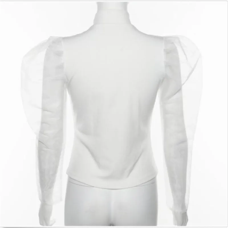 Женская Осенняя футболка топы с длинными рукавами фонариками из прозрачной