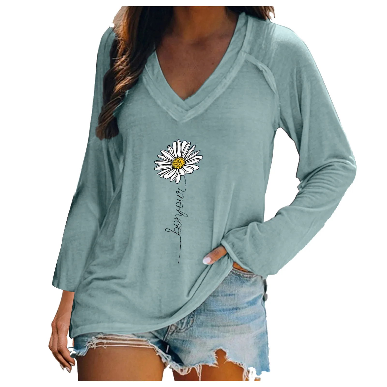 

Women‘s Top V Neck Long Sleeve Casual Blouse T-shirt Fashion Printed Tops Simple Pattern Loose Casual Tops Femme Décolté #672