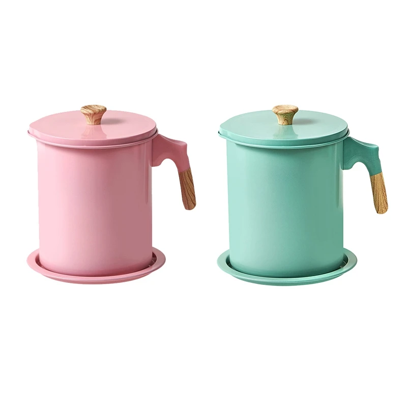 

2 Pcs Oil Storage Grease Keeper For Kitchen,1.7L Grease Container With Strainer And Dust-Proof Lid, Pink & Light Green