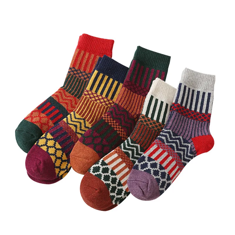 Women's Winter Socks Free Size Thick Wool Soft Warm Casual Socks for Women Middle Tube 5 Pairs