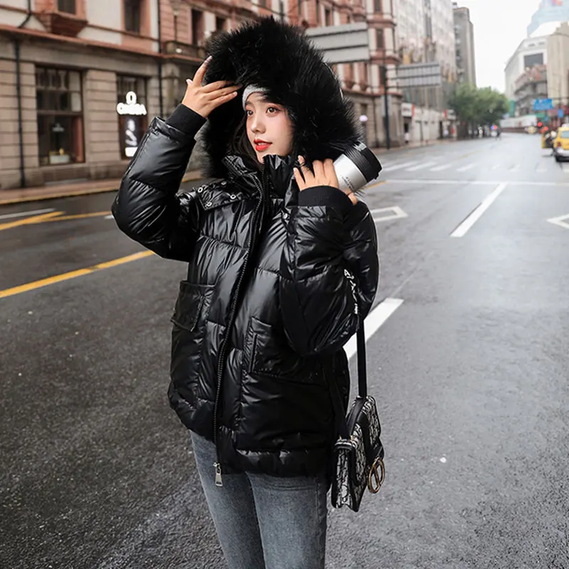 

Winter Down Cotton Coat Women Parka Warm Outerwear Big Fur collar Glossy Padded Jacket Female Thick Plus size Ladies Coats DH81