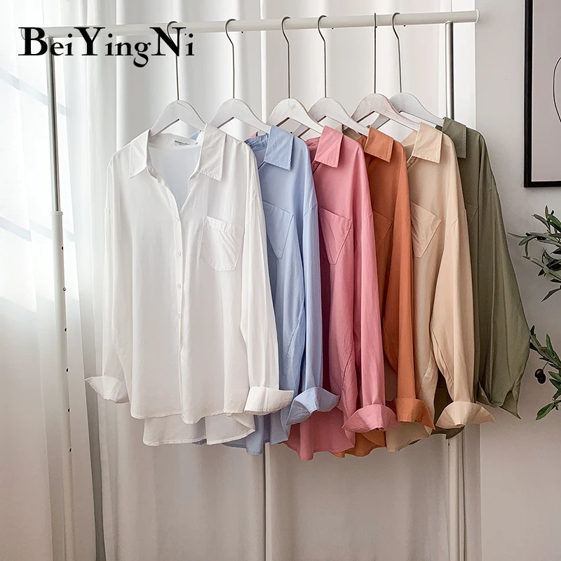 

Beiyingni хлопковые рубашки с длинным рукавом, женские белые однотонные повседневные ретро-блузки в стиле преппи, женские модные блузки на пуго...