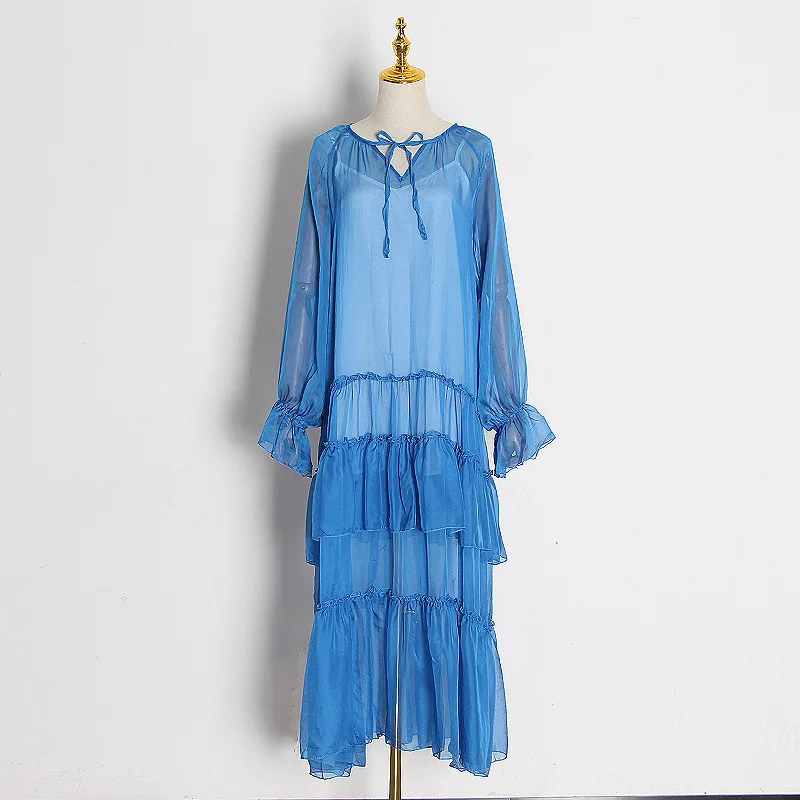 

Auricularia Edge Stitching Holiday Beach Chiffon Long Dress V-neck Street Full Sleeve Ruffle Dress Perspective Stitching Strap