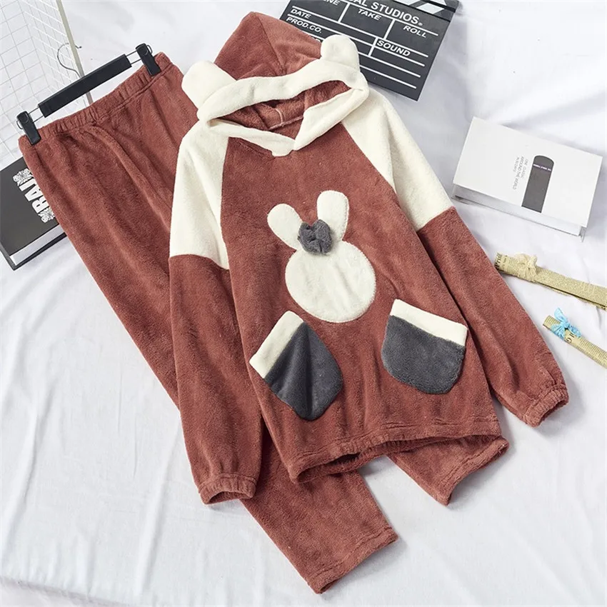 

Nightgowns Women Winter Thick Coral Velvet Kawaii Rabbit Ears Pocket Girls Homewear Pajamas Set Korean Fashion Sleepshirts Femme