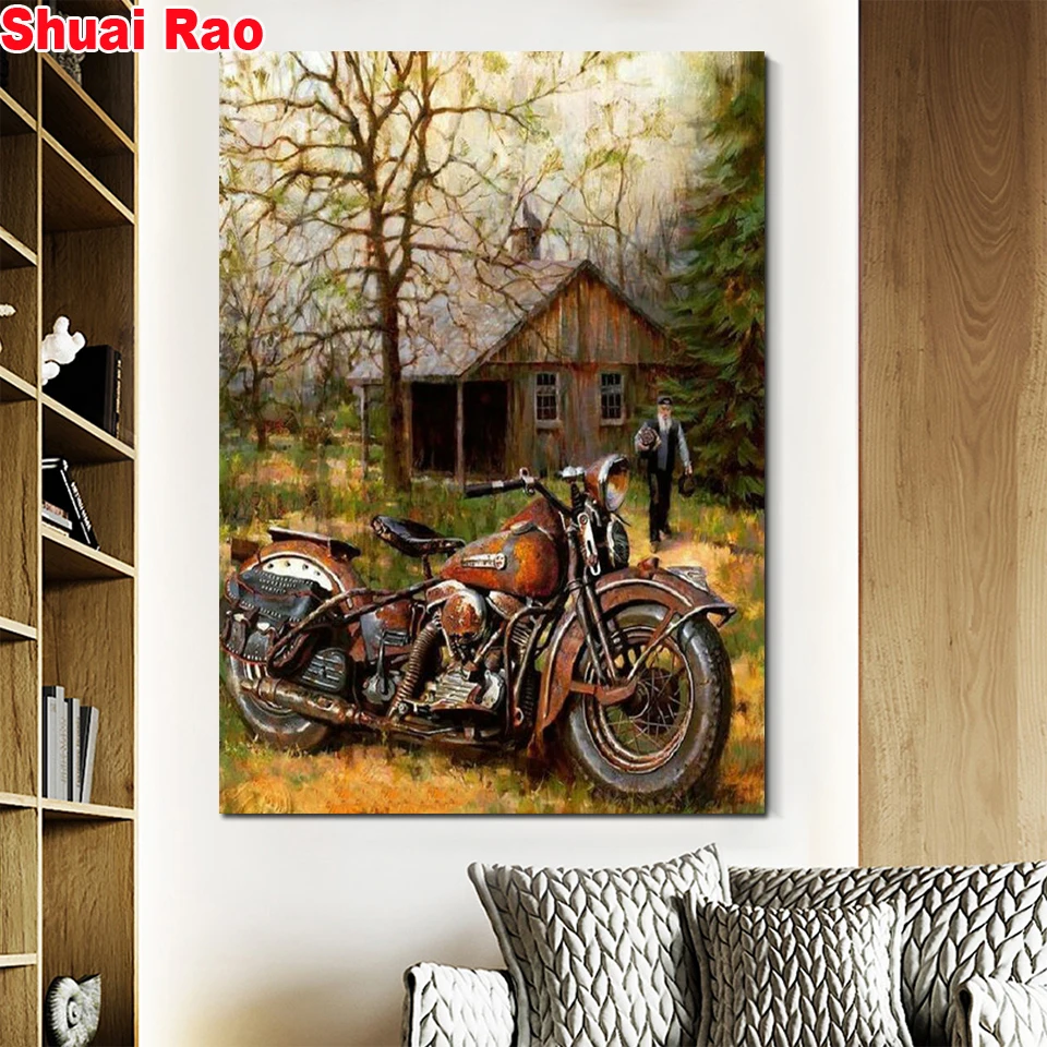 

Motorcycle house diamond Painting Embroidery full square round drill mosaic diamond cross Stitch Rhinestones New Halloween gift,
