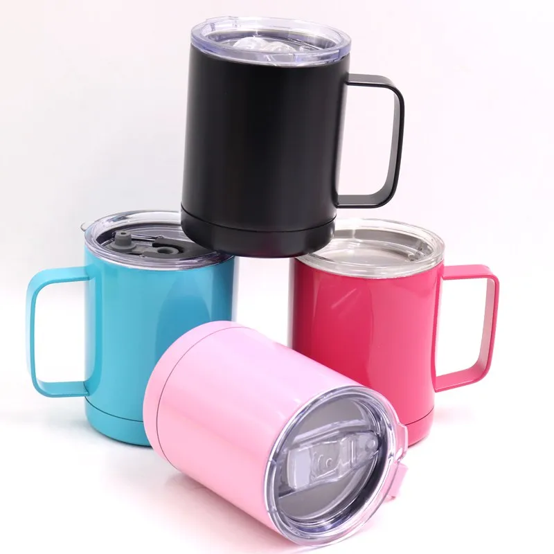 50 pçs 10oz moda tumbler com tampa e alça canecas de café vácuo aço inoxidável isolado caneca chá |
