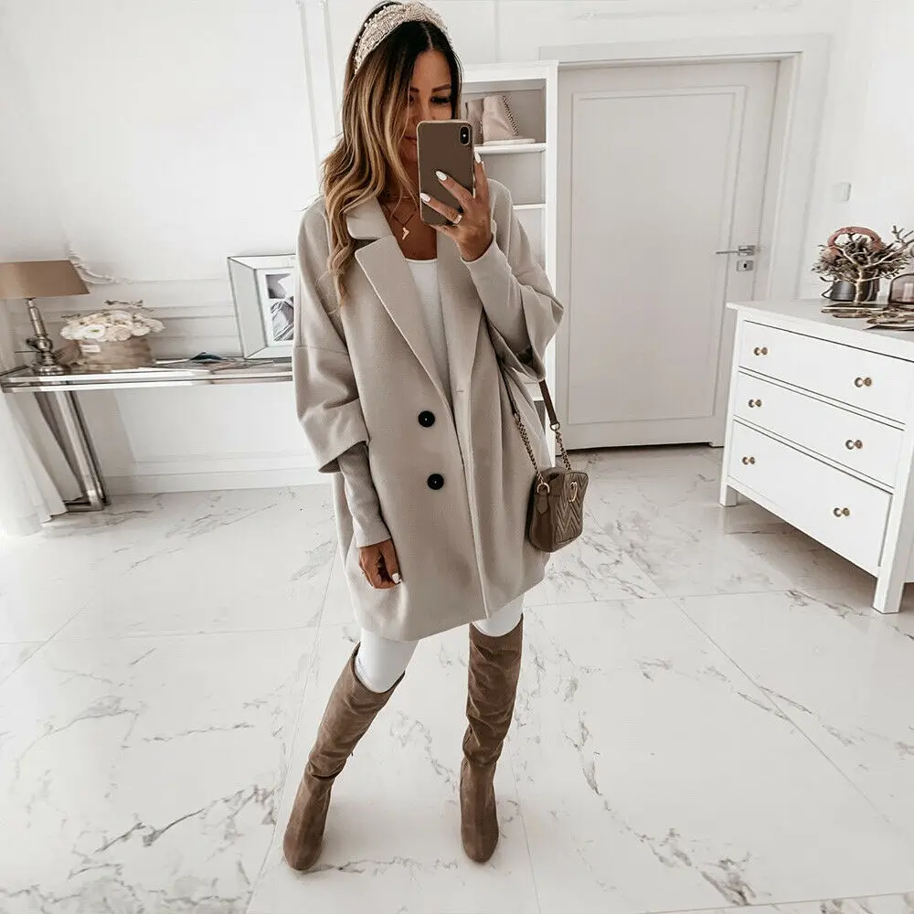 2020 Winter Large Size Women Woolen Coat Solid Color Turn Down Collasr Wool Jackets Loose Female Oversize Coats | Женская одежда