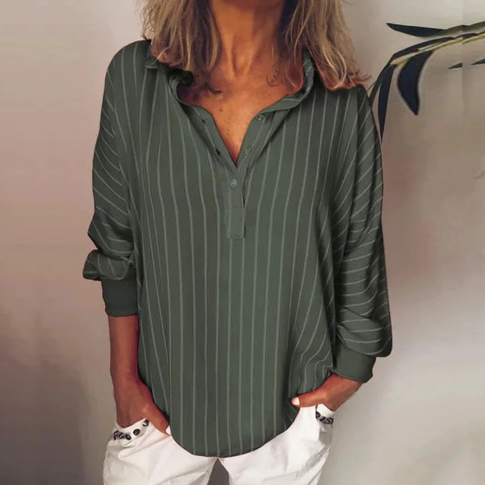 Осенняя Женская Повседневная полосатая блузка с v образным вырезом свободная