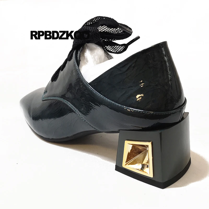 Harga Sepatu Pump Lace Up Kualitas Tinggi Desainer Wanita Berujung Persegi Musim Gugur Blok Mules Slipper Fashion Tebal Biru Kulit Asli Paten