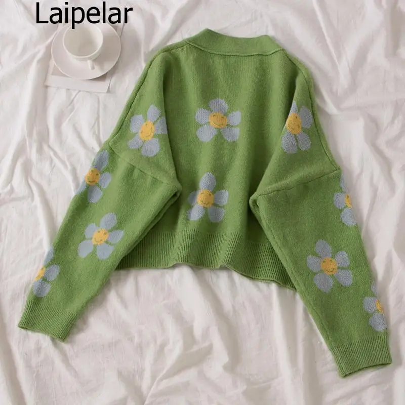 

Style Flower Knit Cardigans Sweater Women V Neck Loose Elegaht Thicked Pull Femme Print Short Casual Coat