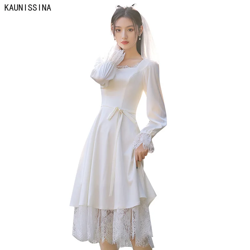 

KAUNISSINA Simple Wedding Dresses for Women Square Collar Mid-Calf Lace Trim White Bridal Gowns Plus Size Bride Marriage Dress