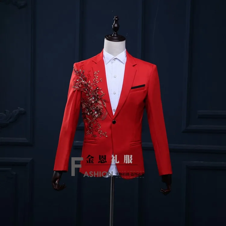 

Lager Men Singer Size Free Shopping Men's Three-dimensional Flower Sequins Dress Red Stage Costumes Presided Suits / M-xl