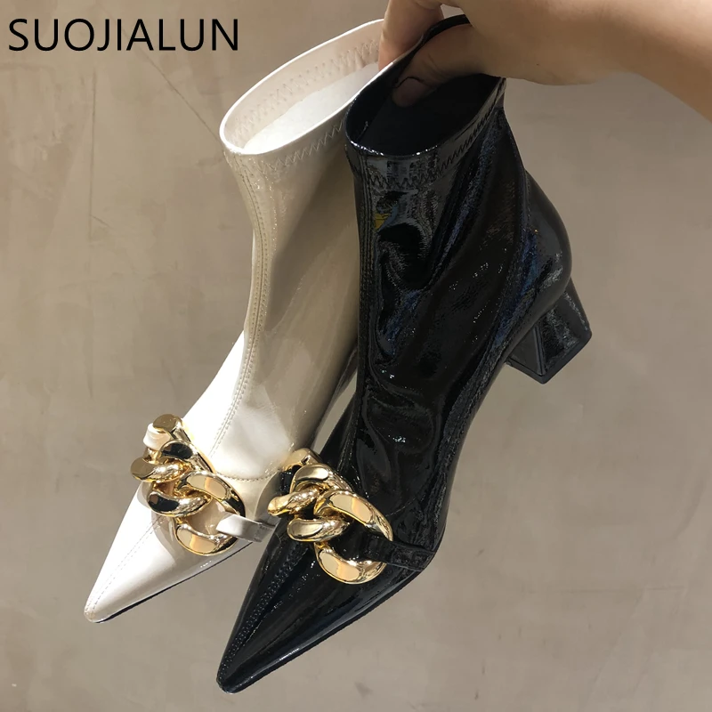 

SUOJIALUN 2022 New Brand Women Ankle Boots Fashion Gold Chain Pointed Toe Short Boots Slip On Elastic Chelsea Boot Dress Shoes